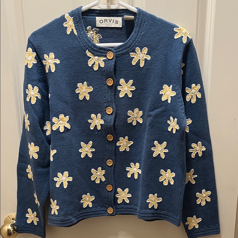 Orvis Blue Sweater with Cream Floral Accents